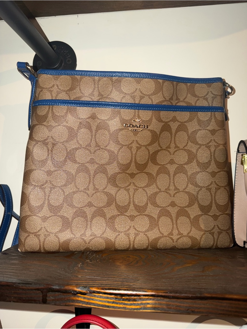 COACH Brown Signature Crossbody with Blue Trim